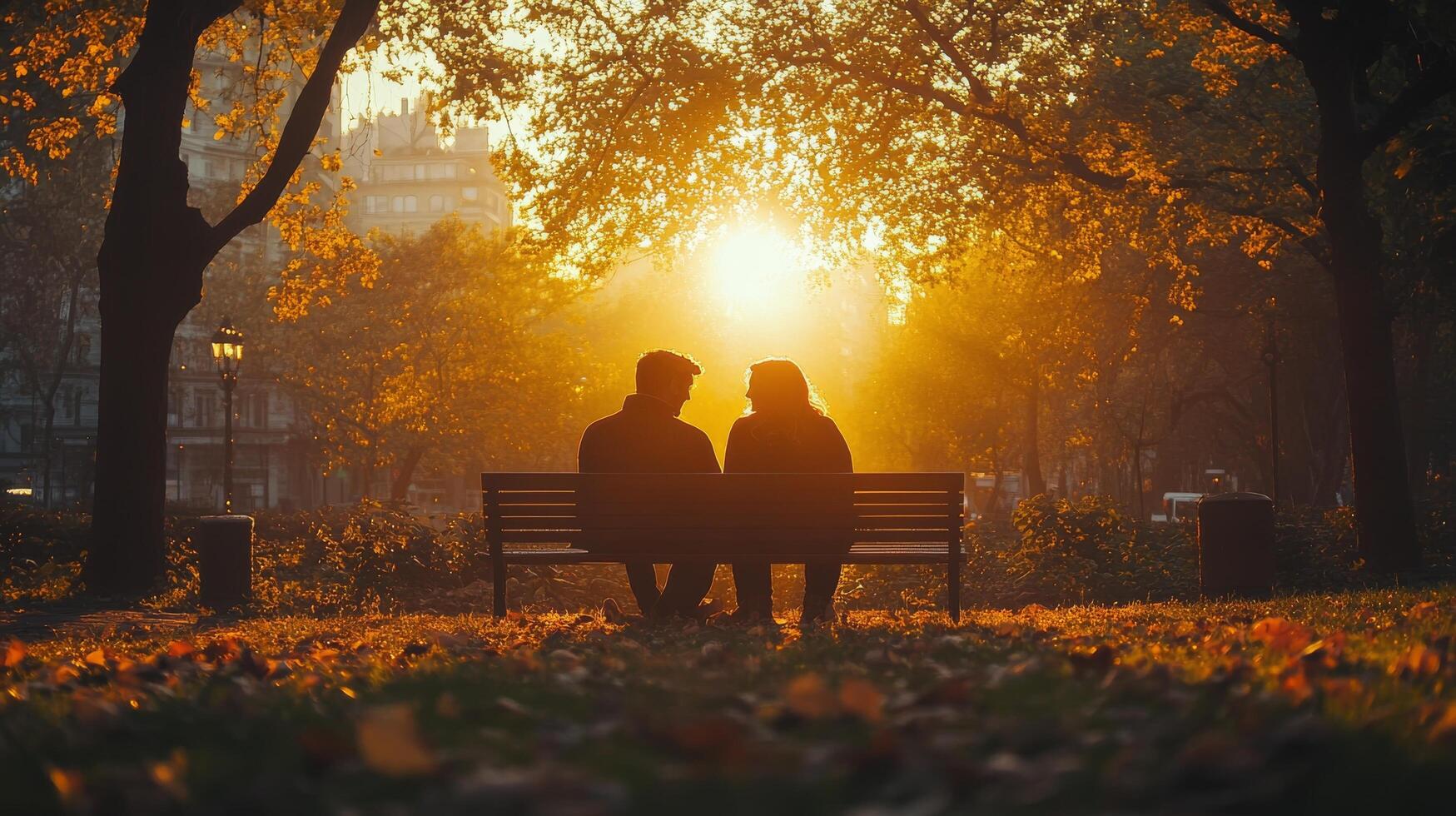 Couple enjoys sunset view in park surrounded by autumn foliage in evening light photo