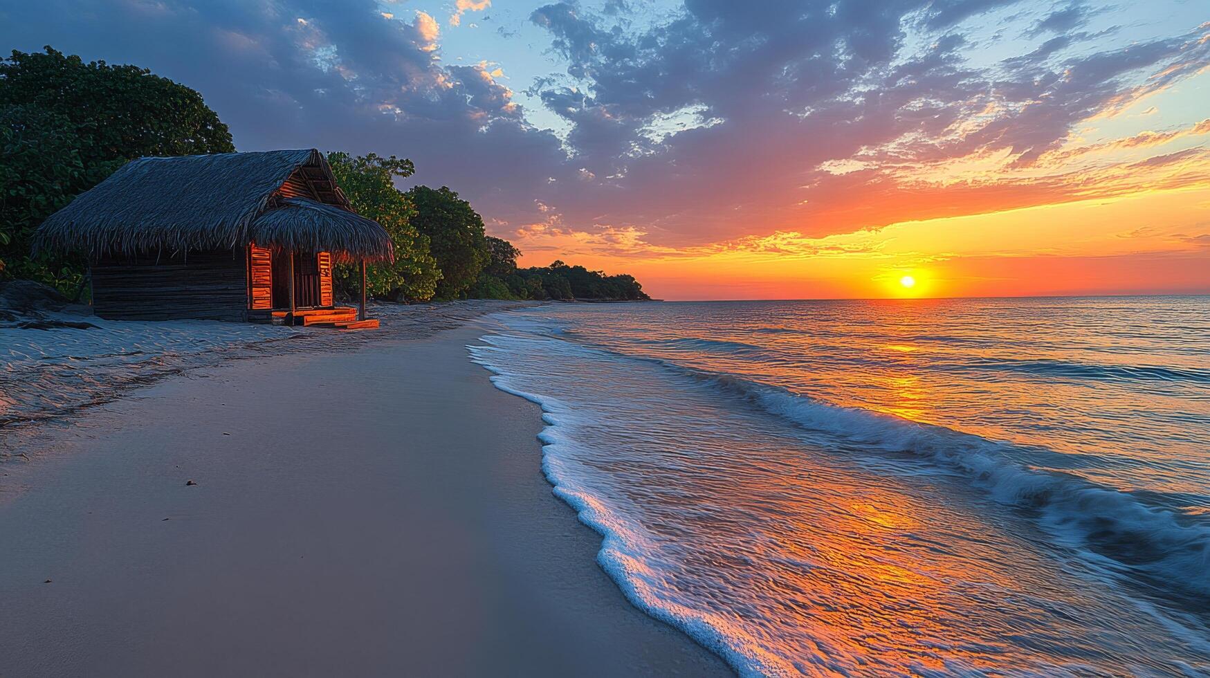 Sunset illuminates beachside hut near calm waves in a serene coastal setting photo