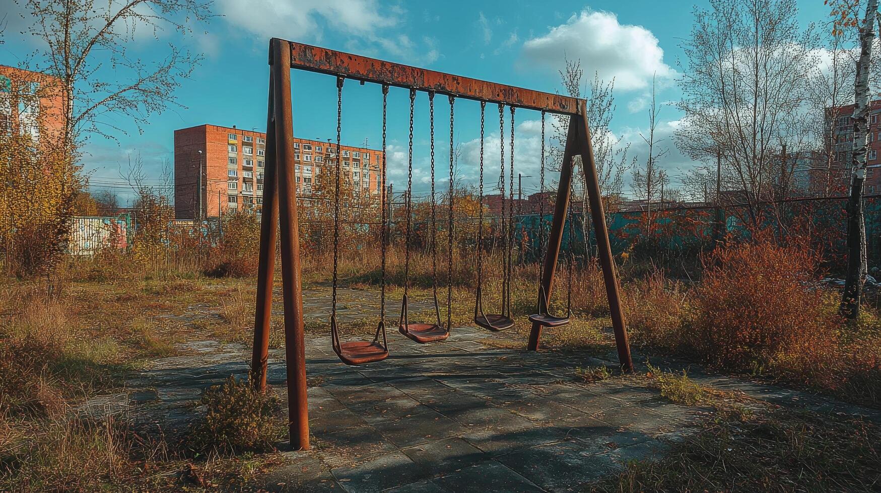 Abandoned playground swings in overgrown courtyard of derelict brick building complex photo