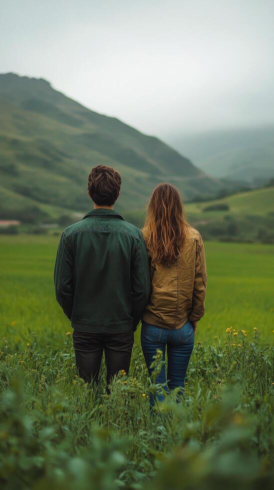 Couple enjoying a peaceful moment in lush green fields with mountains in the background photo