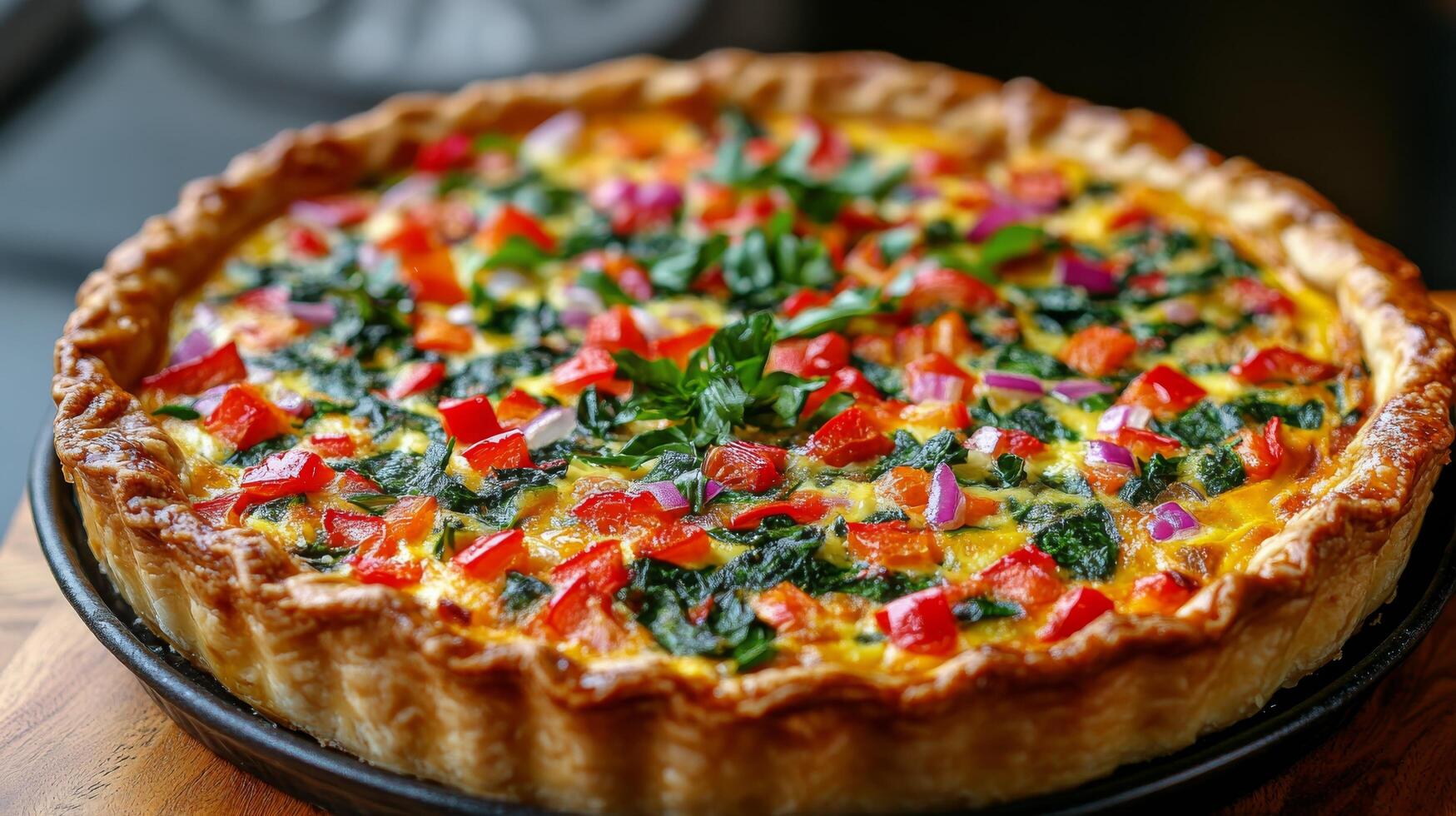 Savory vegetable tart with golden crust and colorful toppings in a cozy kitchen setting photo