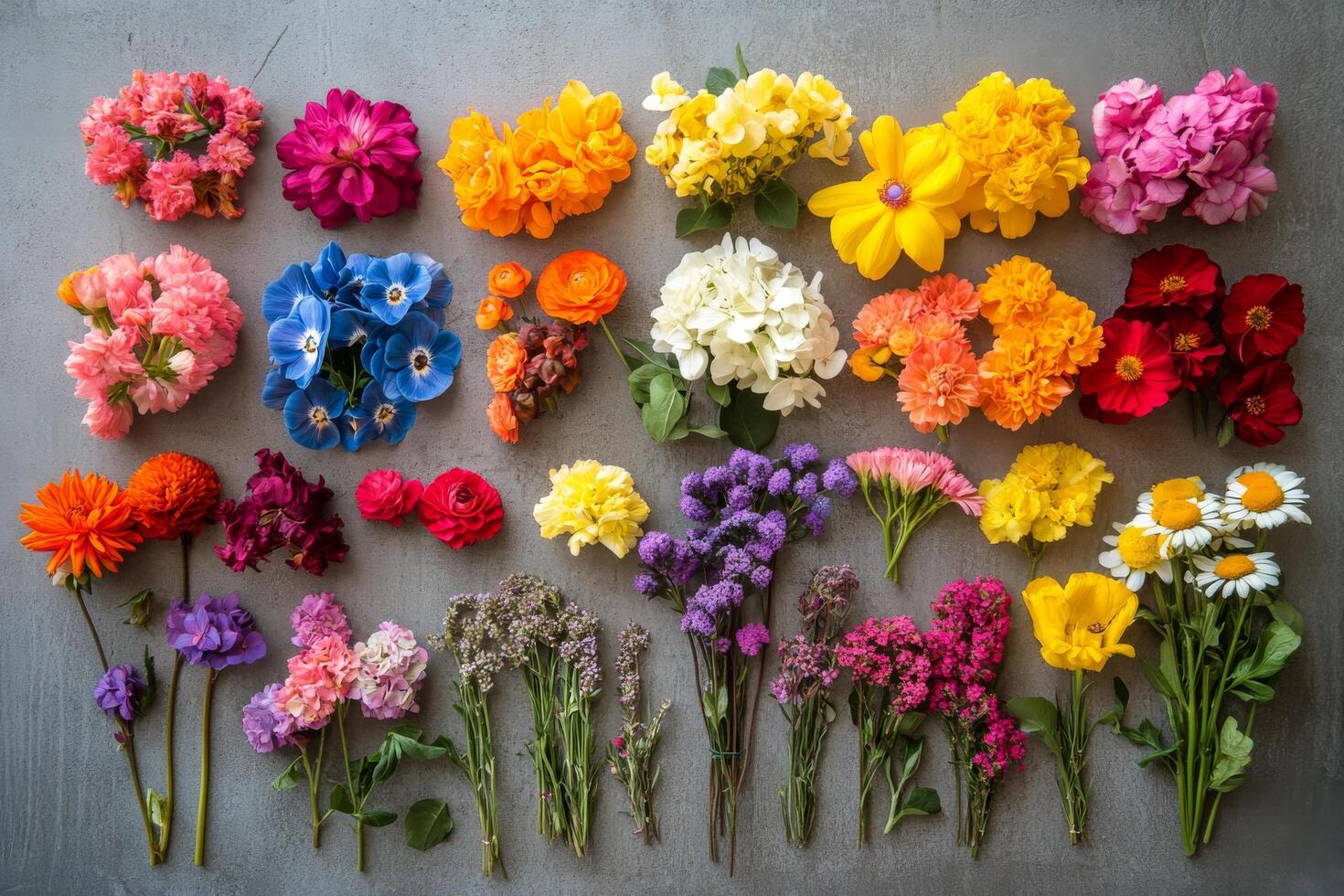 Colorful arrangement of assorted flowers on display against a light background photo