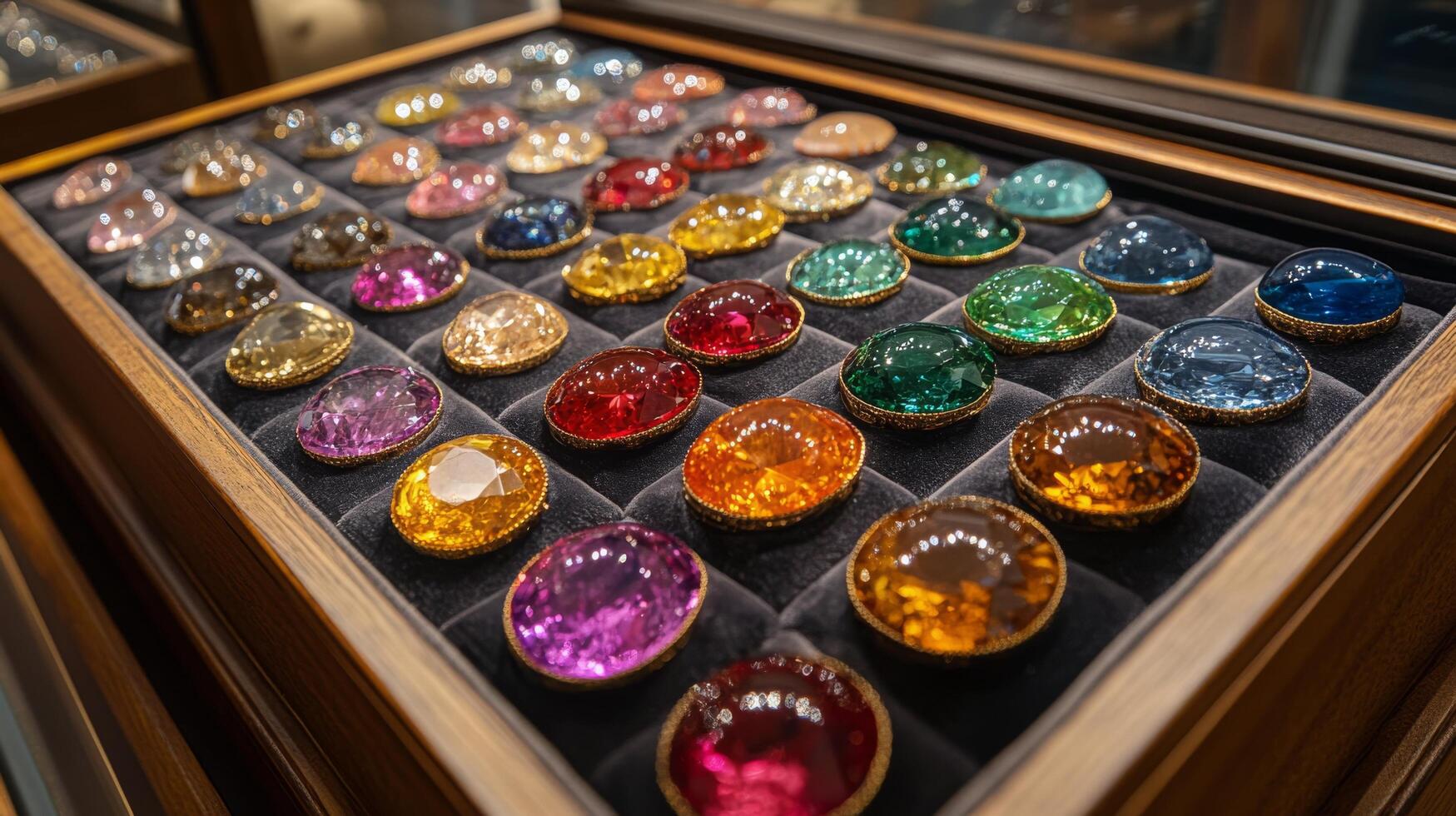 Colorful collection of decorative glass orbs displayed in a wooden box with velvet lining photo