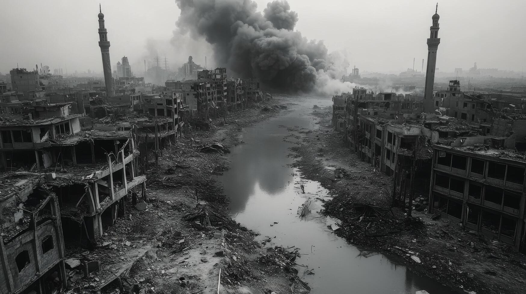 Desolate urban landscape with smog and ruined buildings in an abandoned area during cloudy weather photo