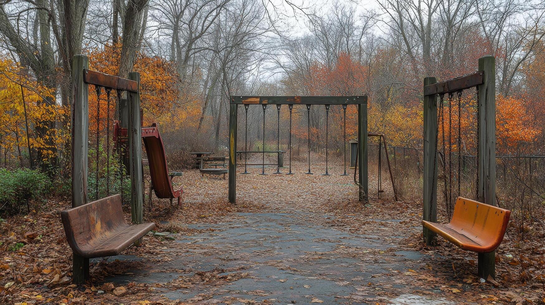 Playgrounds in autumn reveal deserted swings and slides in quiet neighborhood park photo