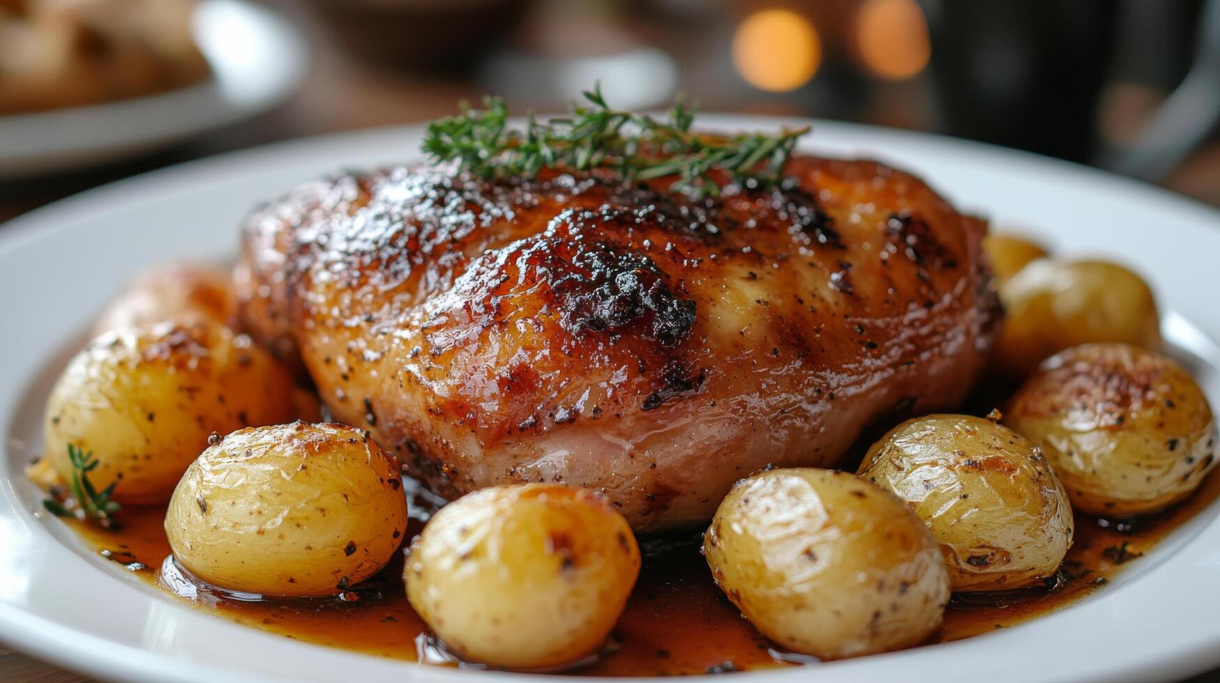Savory grilled pork chop with rosemary garnished and roasted potatoes served with a sweet sauce photo
