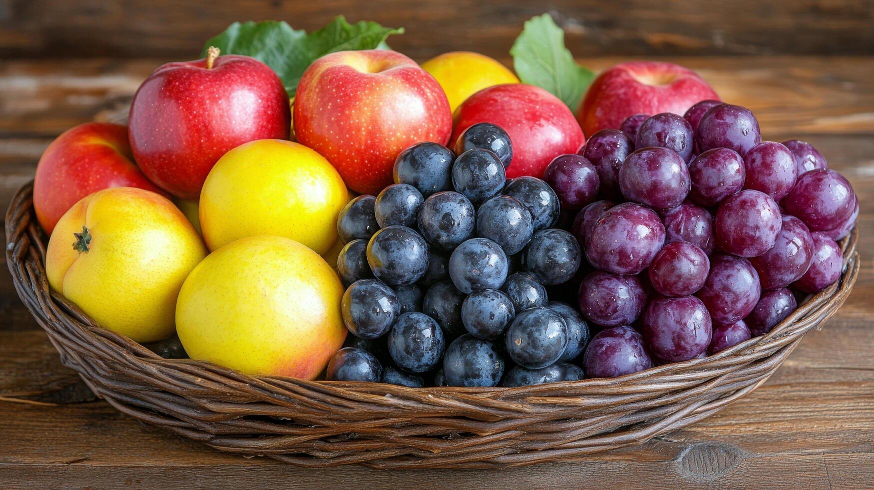 Fresh apples and peaches arranged in baskets on a wooden table for a seasonal display photo