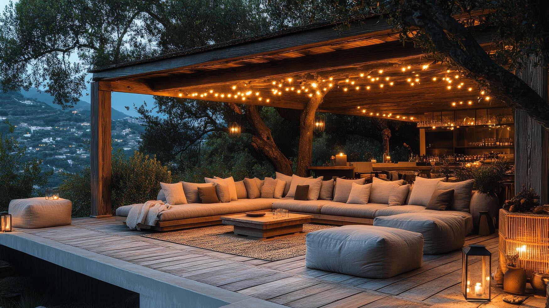Cozy outdoor lounge area with warm lights in an evening setting photo