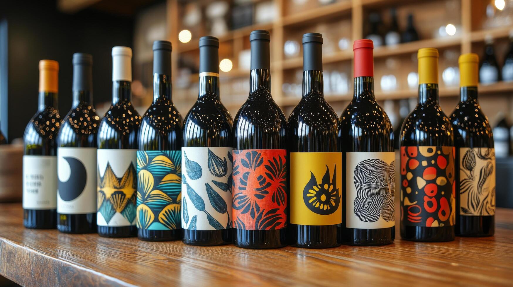 Artistic wine bottles displayed on a wooden shelf in a vibrant winery setting photo