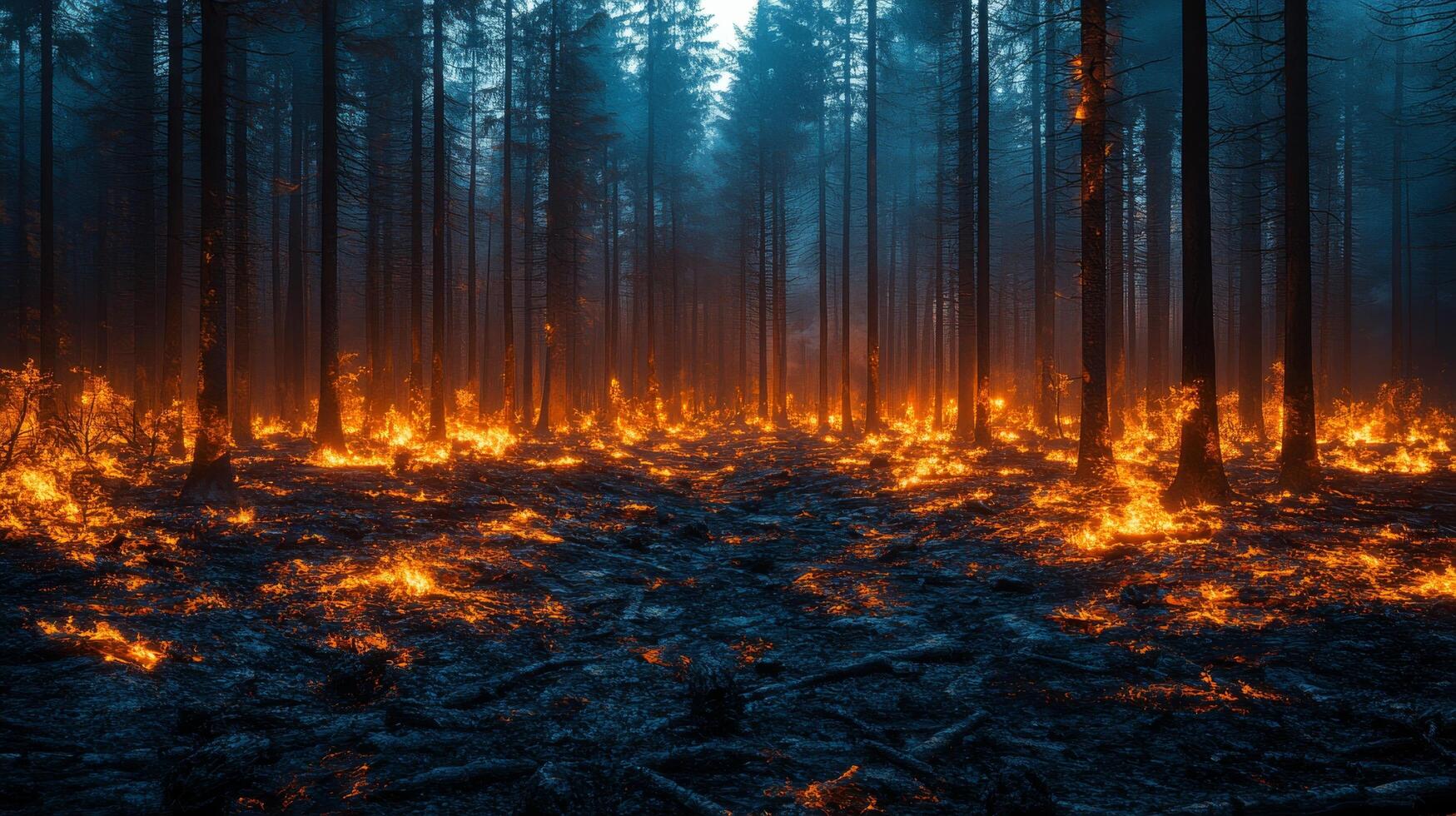 Wildfire devastation in a dense forest during the sunset hour with flames and charred trees photo