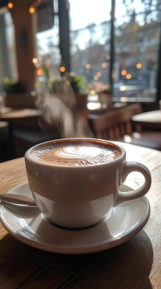 Enjoying a hot coffee in a cozy cafe with natural light during the afternoon photo