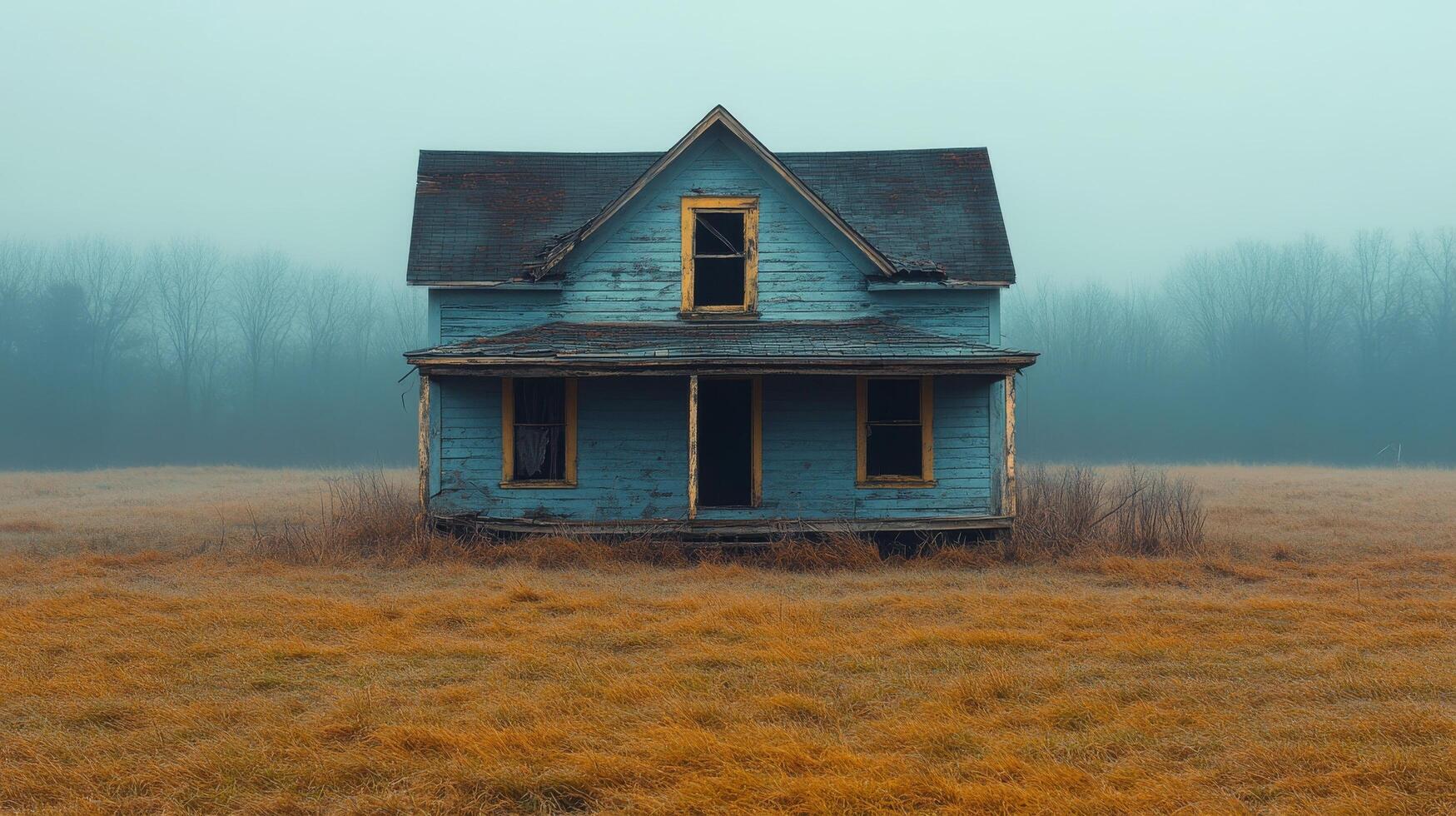 Abandoned house surrounded by wildflowers under a clear blue sky in a rural landscape photo
