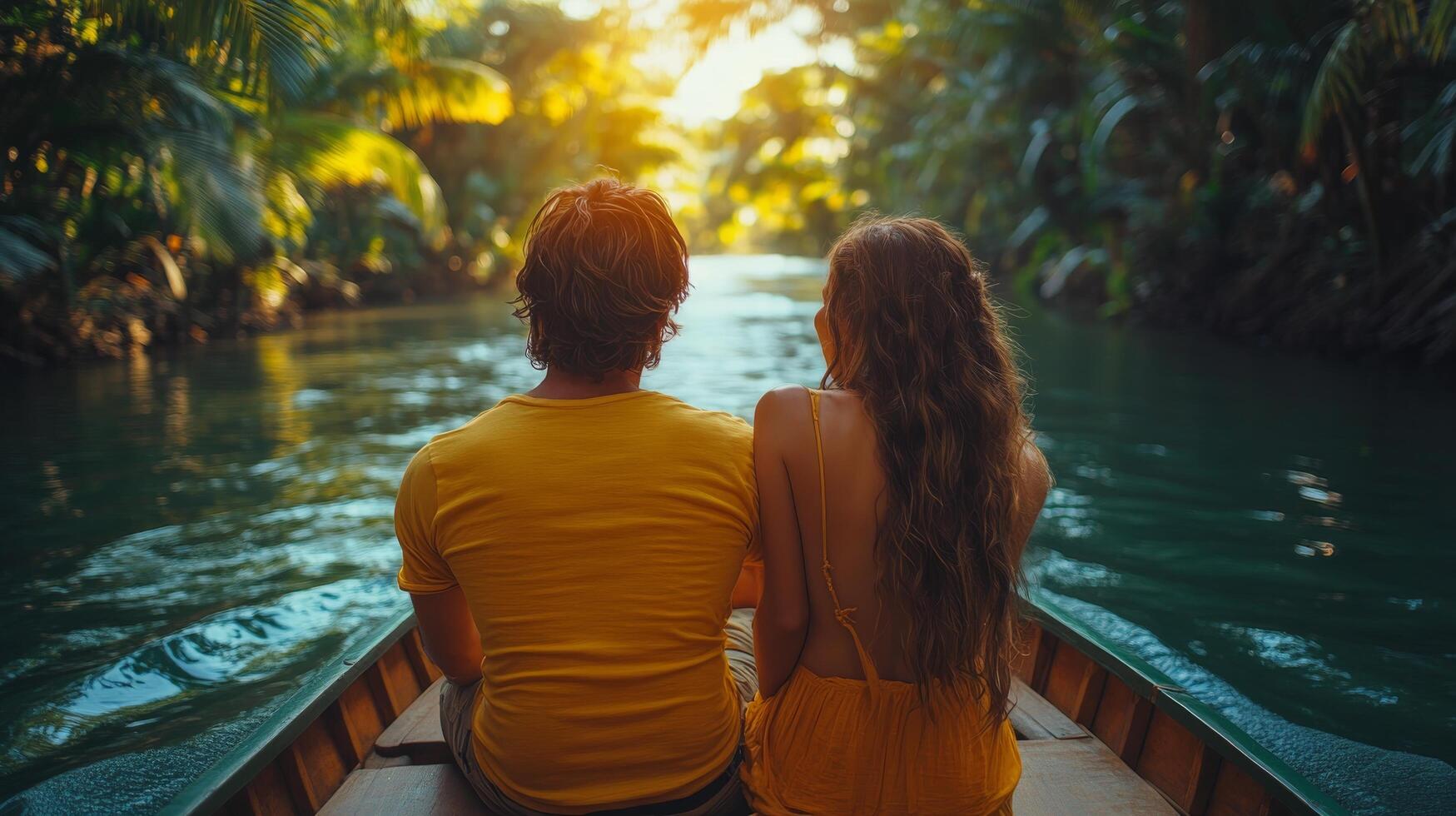 Serene boat ride through lush green canal at sunset with tranquil reflection on water photo