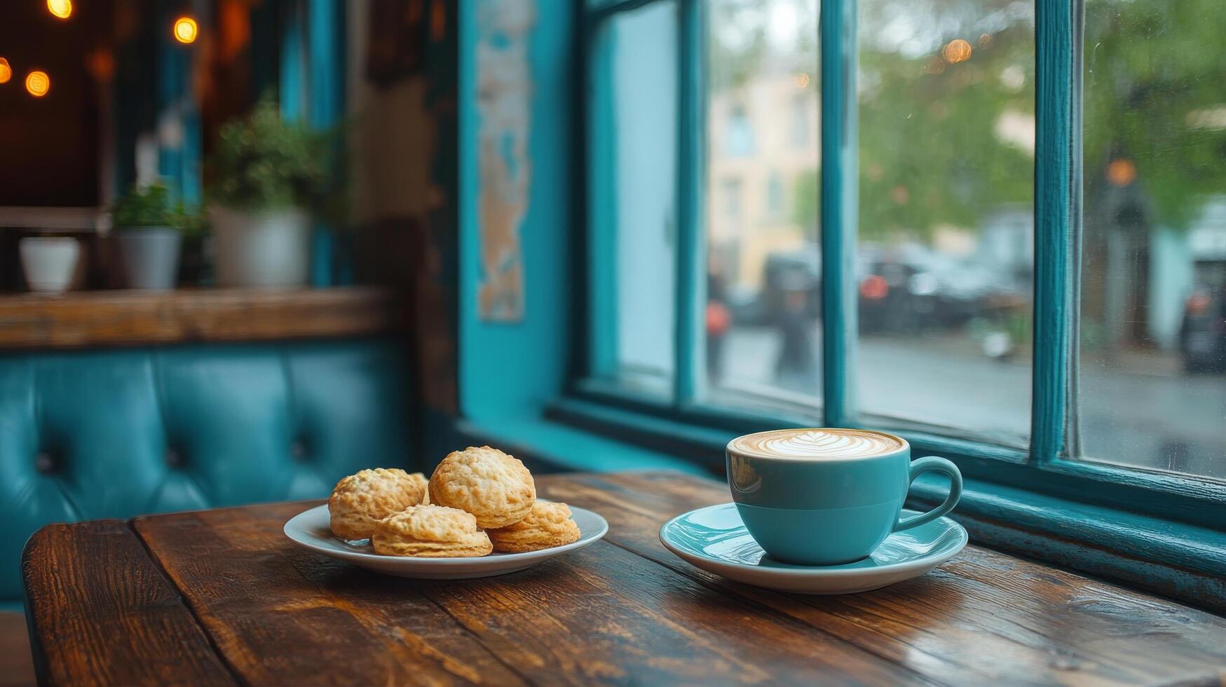 Cozy cafe setting with a cup of coffee and cookies on a wooden table by the window photo