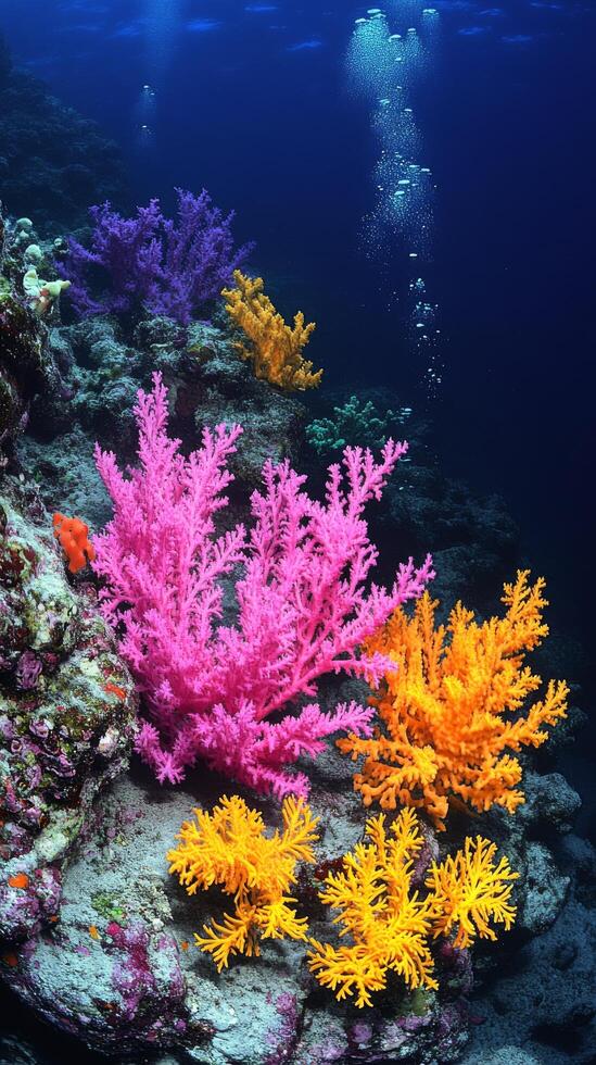 Vibrant coral reefs thriving underwater in a clear blue ocean photo