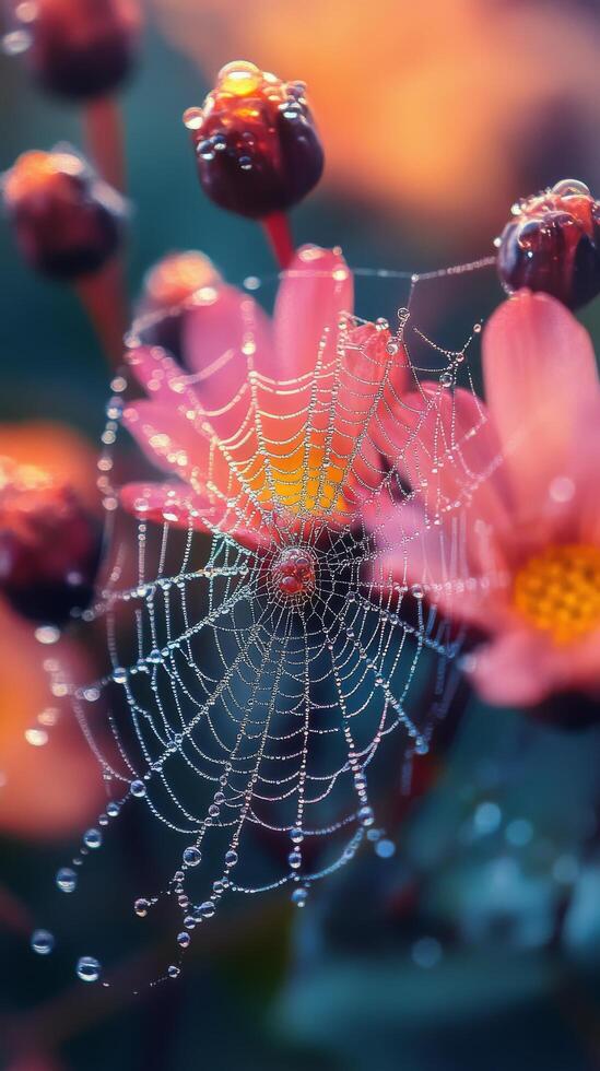 Close-up of a vibrant flower with a delicate spider web adorned with dew drops photo
