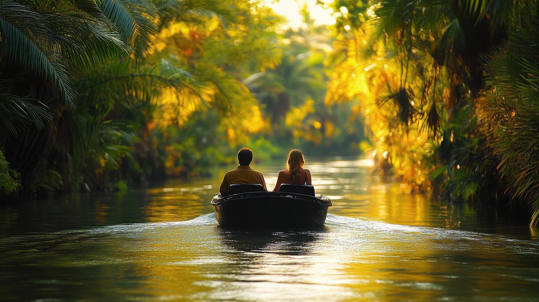Serene boat ride through lush green canal at sunset with tranquil reflection on water photo