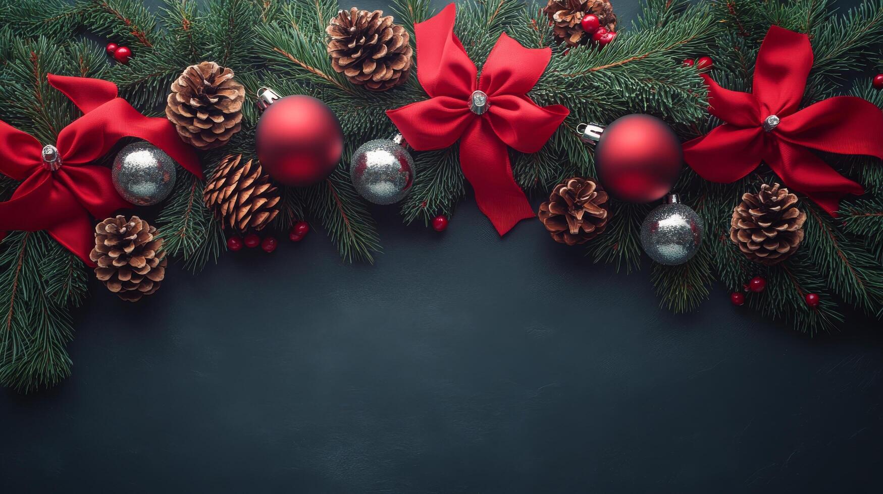 Festive Christmas decorations featuring red ornaments and pine cones among evergreen branches photo