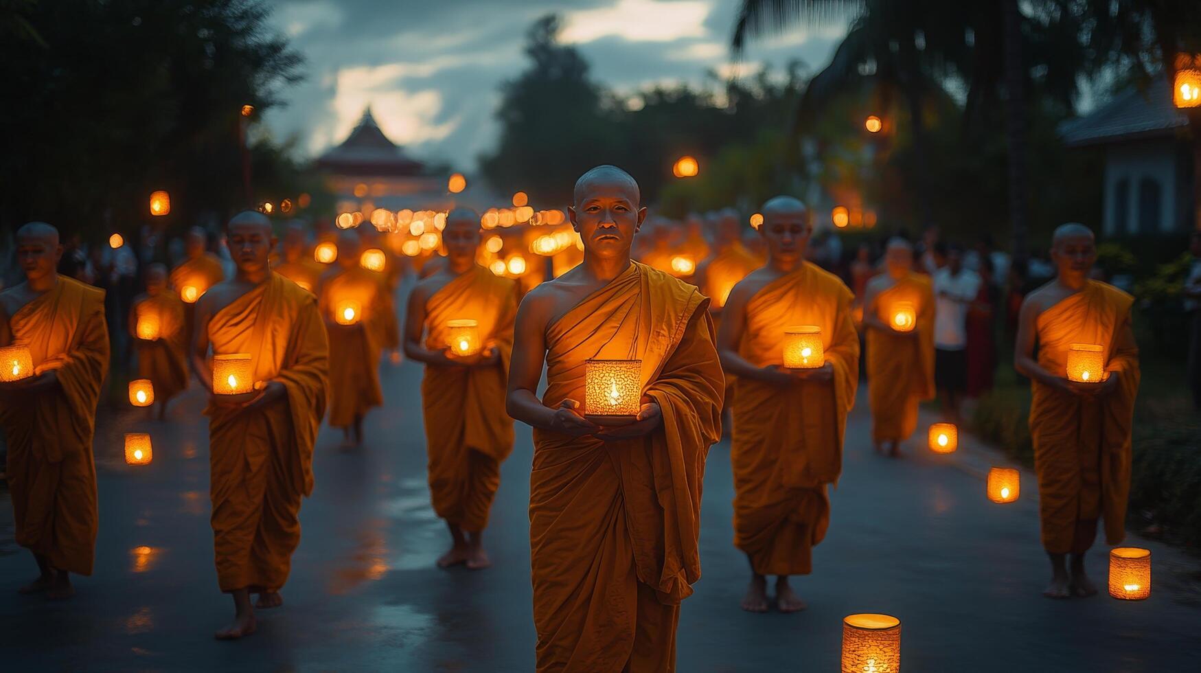 Monks in orange robes walk with lanterns during evening ceremony in a tranquil temple garden photo