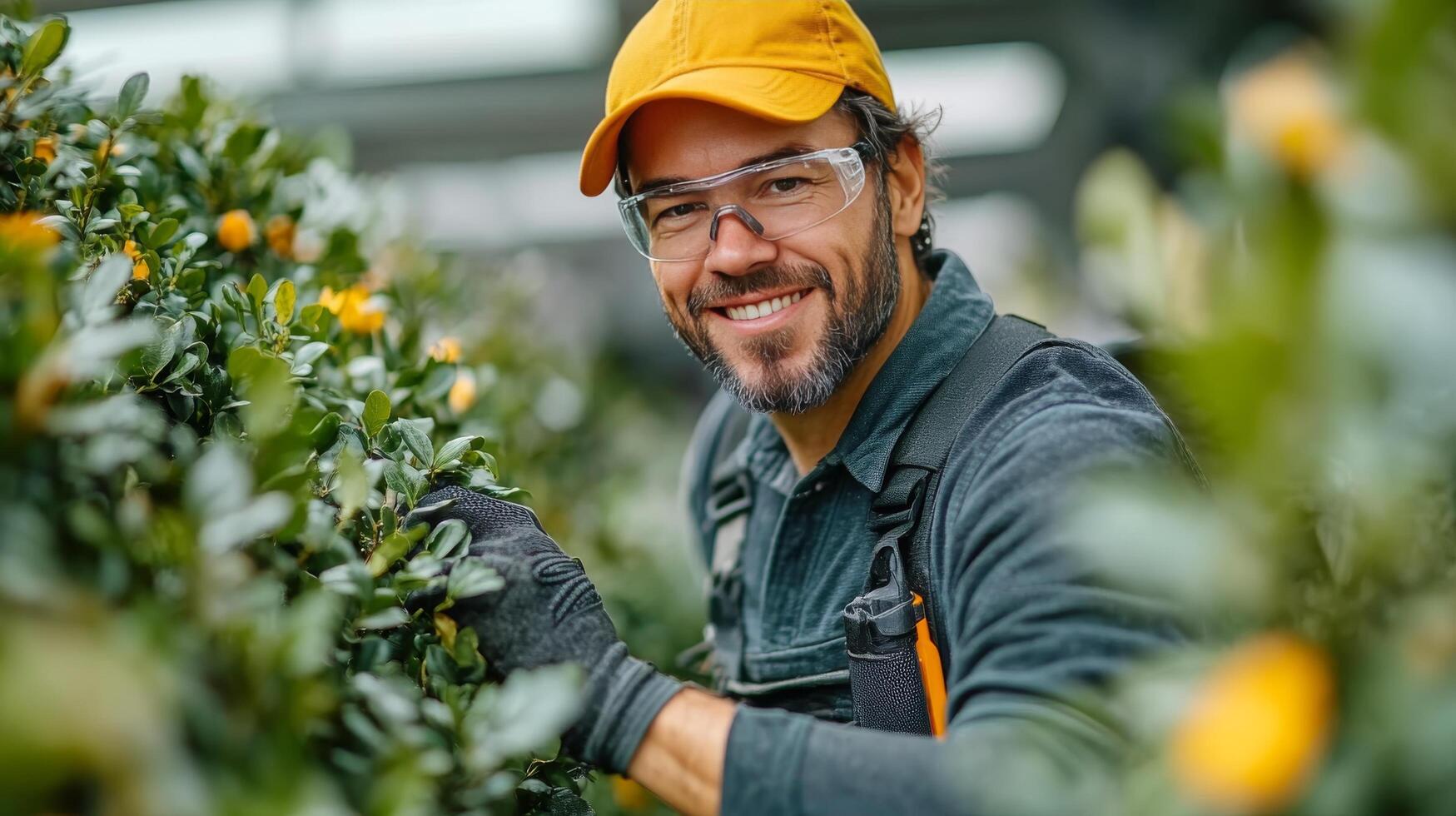 Skilled gardener trims hedge with electric trimmer during overcast day in suburban area photo