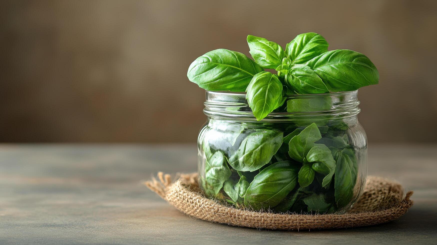 Fresh basil leaves in a glass jar on a dark surface with peppercorns scattered around photo