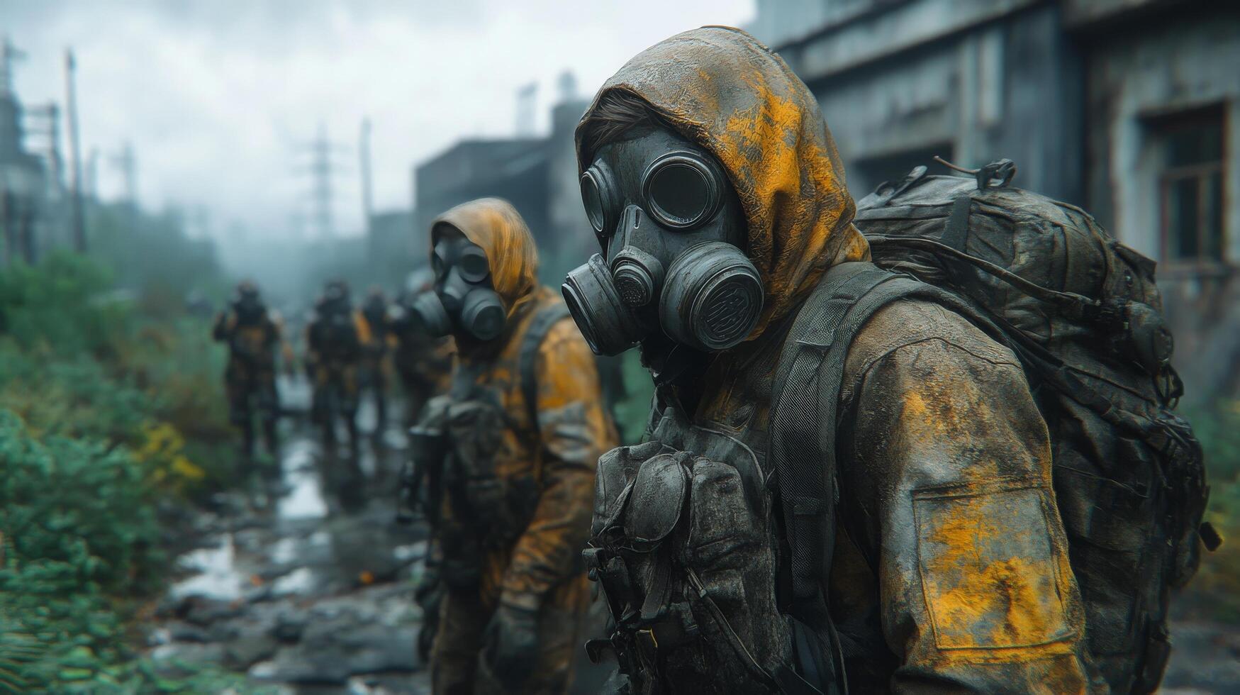 Survivors in protective gear navigate through a desolate urban wasteland in search of safety and resources photo