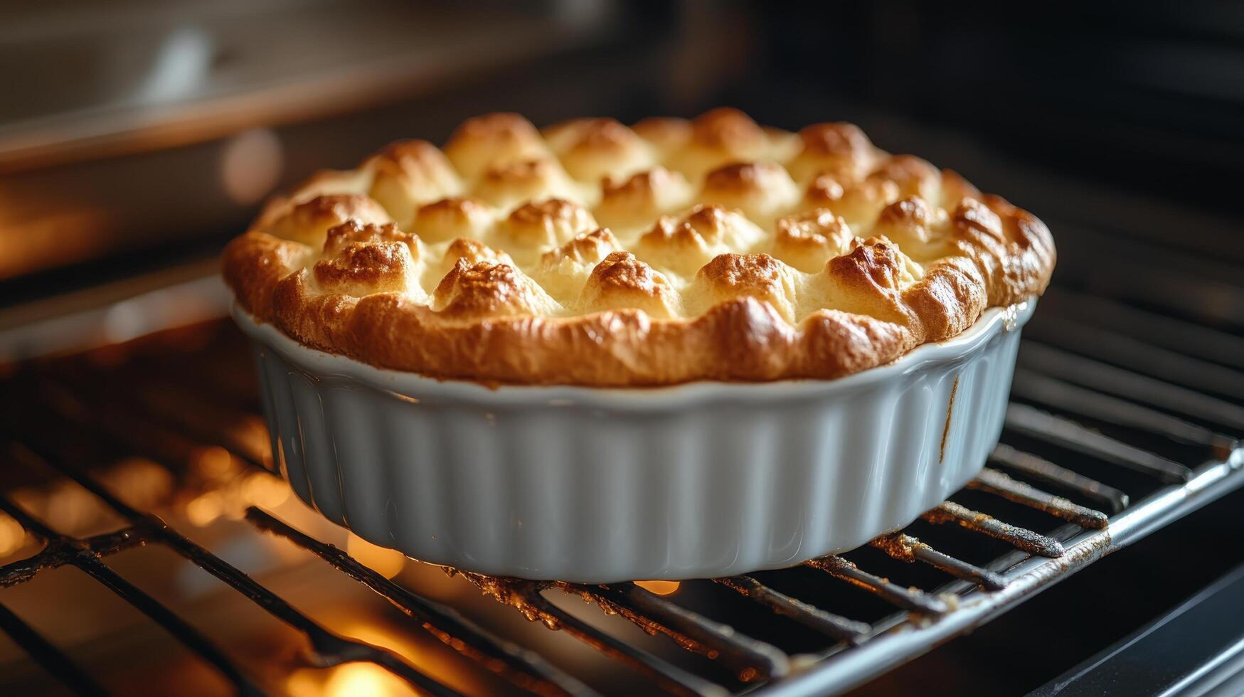 Delicious raspberry souffl baked in a white dish garnished with fresh raspberries and powdered sugar photo
