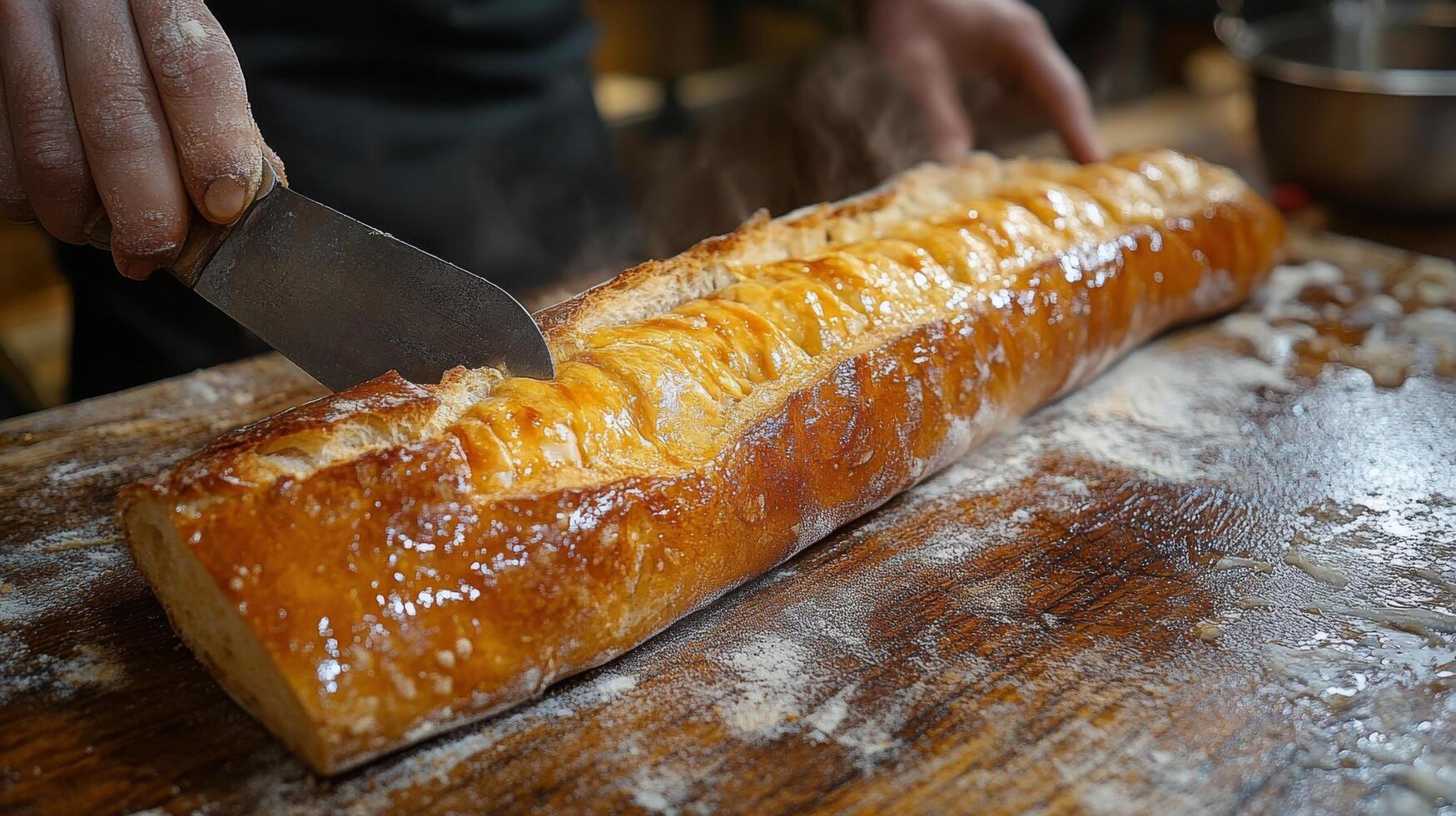 Freshly baked loaf of bread sliced on a kitchen counter with a serrated knife photo