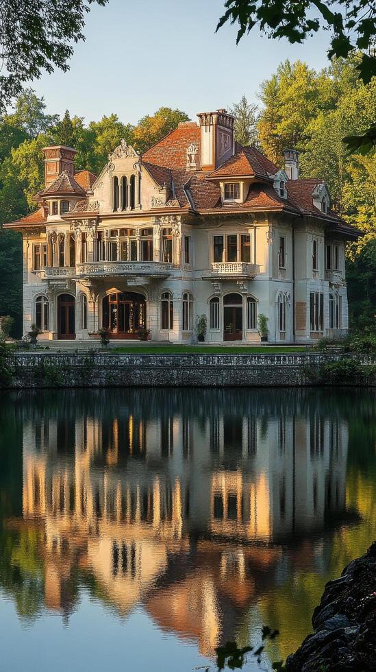 Majestic mansion reflected in serene waters surrounded by lush greenery in a tranquil setting photo