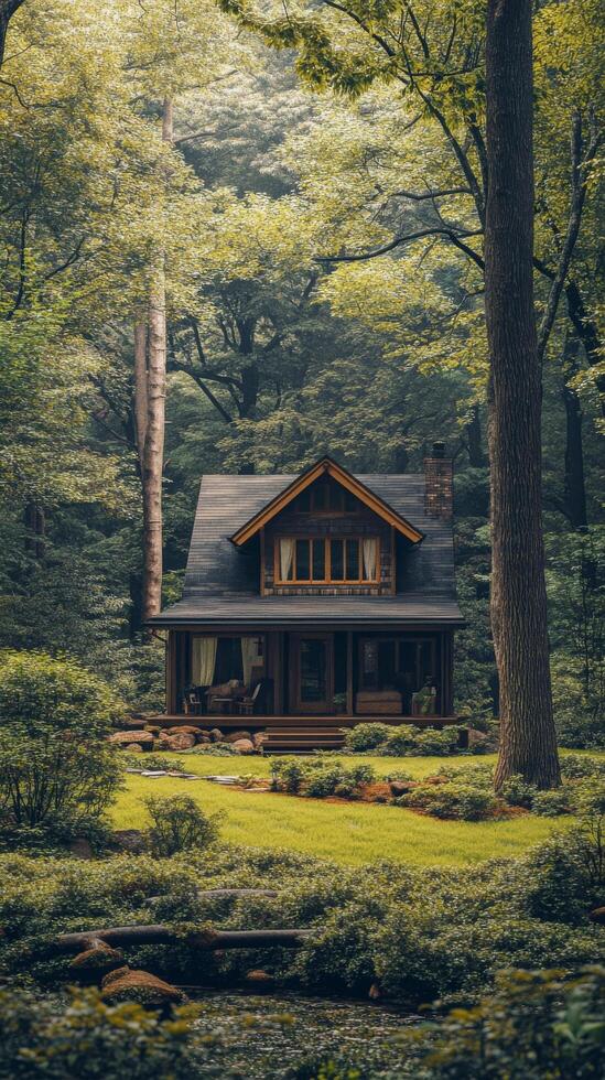 Cozy rustic house nestled in vibrant green forest surrounded by towering trees and lush vegetation photo