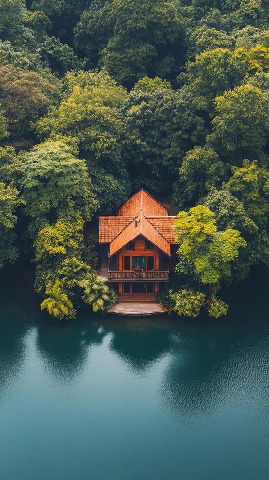 Modern cabin surrounded by lush greenery on a serene lake at dusk photo
