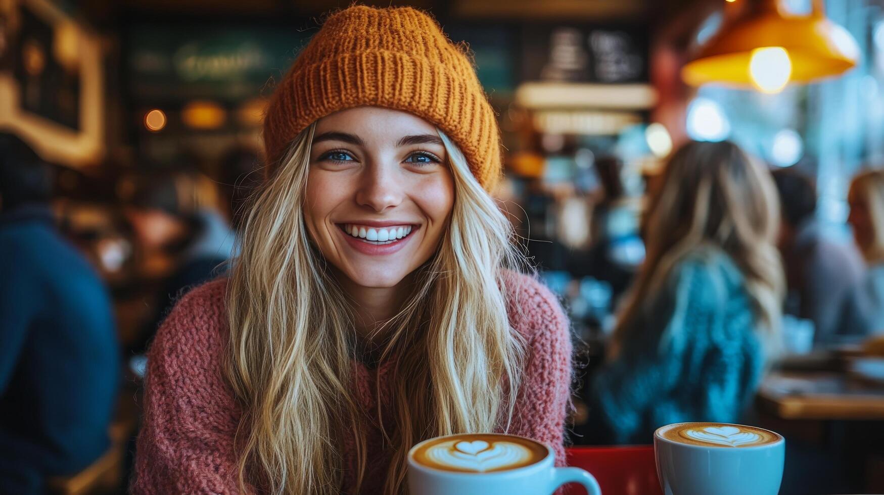Young woman with long hair smiles warmly while enjoying drinks in cozy cafe setting during winter photo