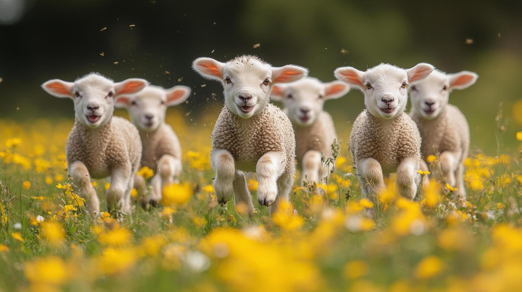 Young lambs frolic in a sunlit forest clearing during springtime in the countryside photo