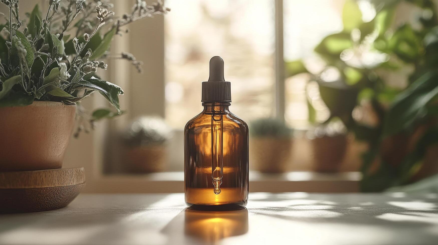 Dark amber dropper bottle with dropper on beige background showcasing minimalistic design photo