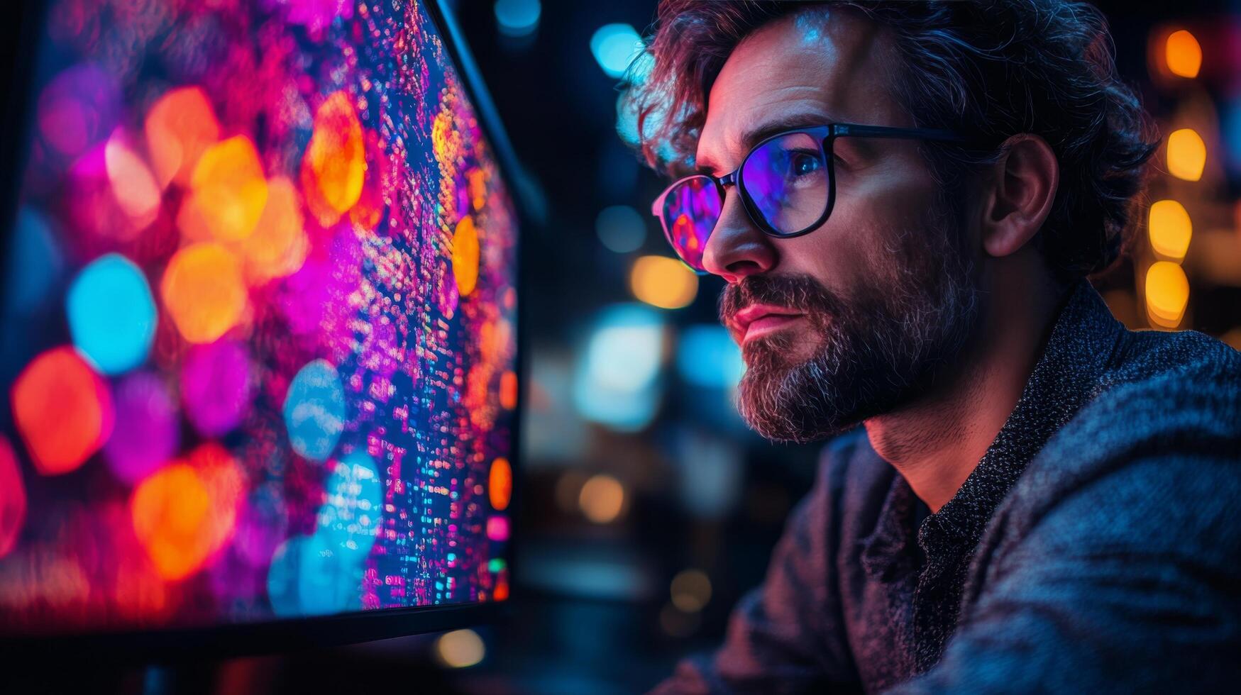 Man working on multiple computer monitors in a dimly lit workspace at night photo