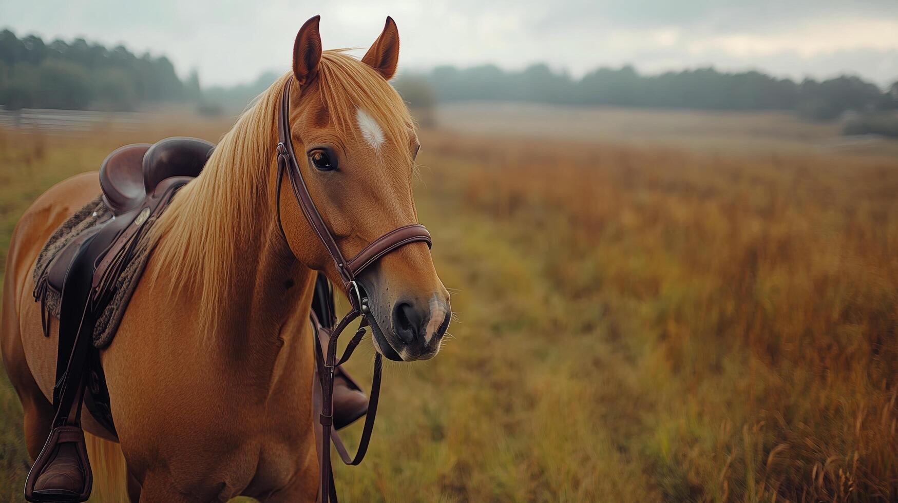 Brown horse with a saddle standing in the rain at a ranch with other horses in the background photo