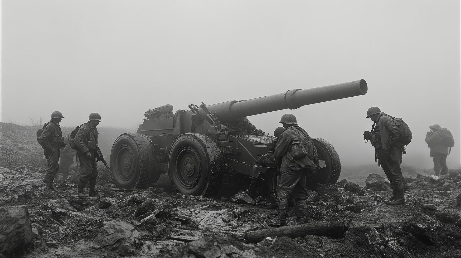 Soldiers operate a heavy artillery piece in a foggy battlefield during World War II photo