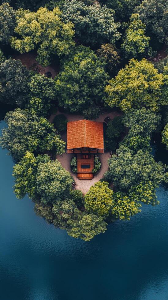 Modern cabin surrounded by lush greenery on a serene lake at dusk photo