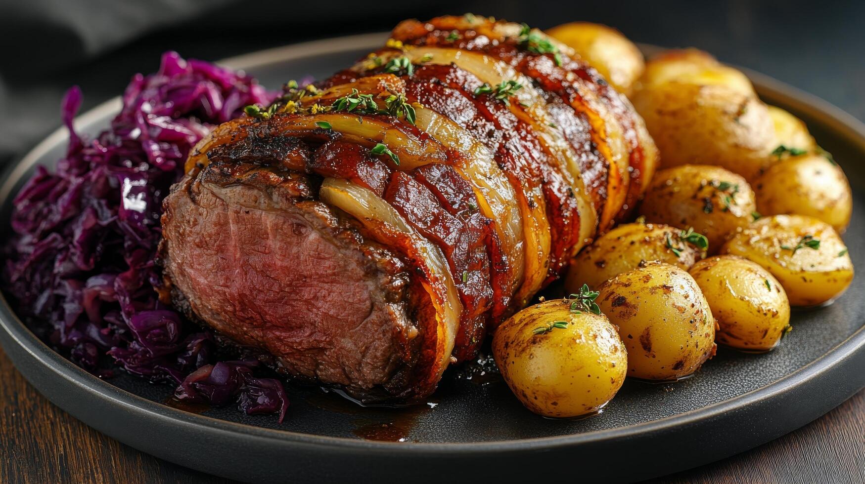 Deliciously prepared meat dish with roasted potatoes and purple cabbage served on a rustic plate photo