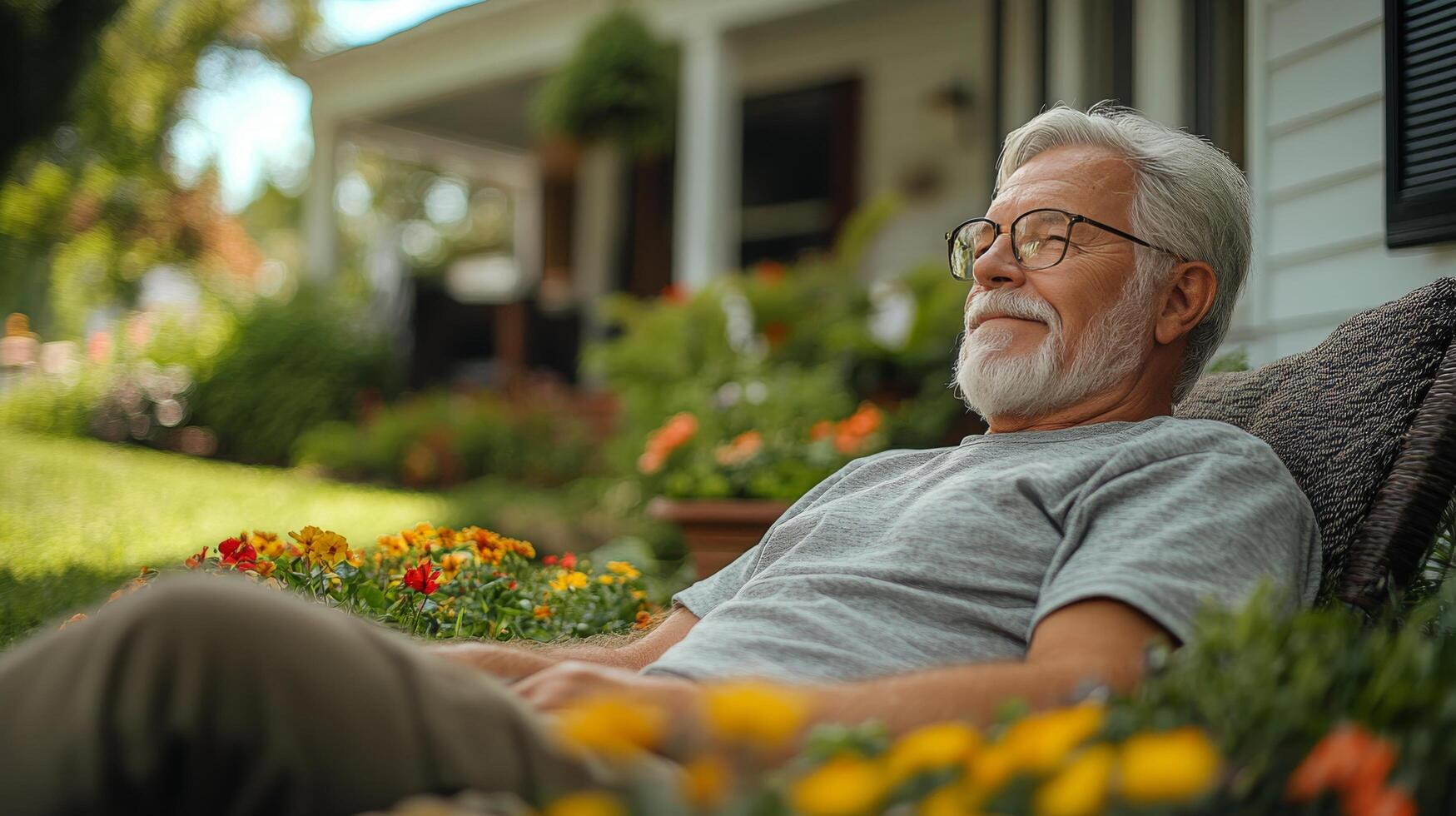 Man relaxing in a lush garden patio with plants and a cozy seating area photo