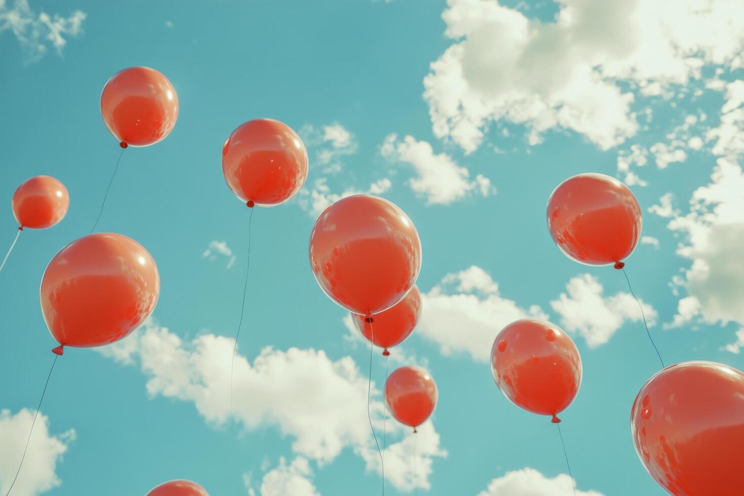 Colorful red balloons floating in a bright blue sky with fluffy white clouds photo