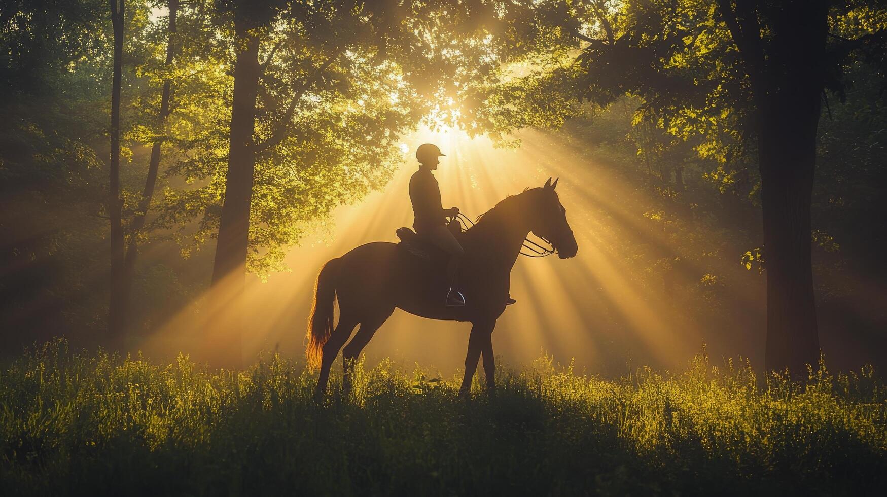 Horseback rider exploring a tranquil forest path in autumn at sunset photo
