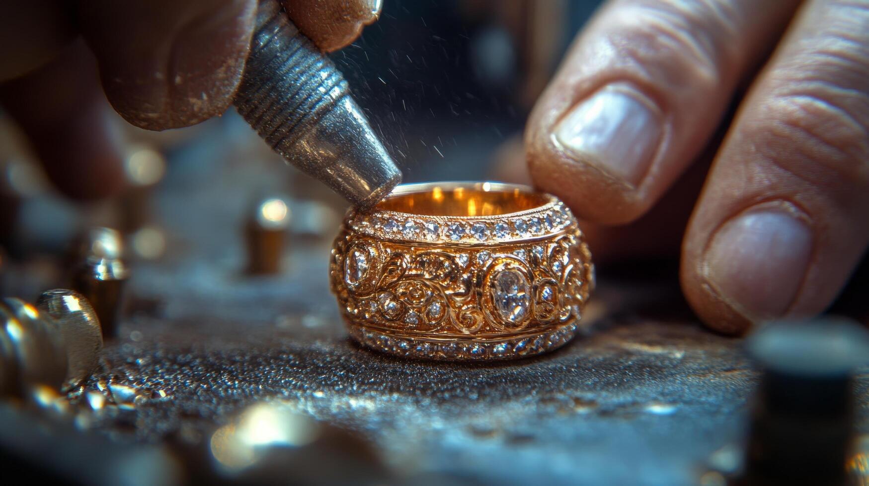 Expert artisan applies finishing touches to ornate jewelry piece in workshop setting photo