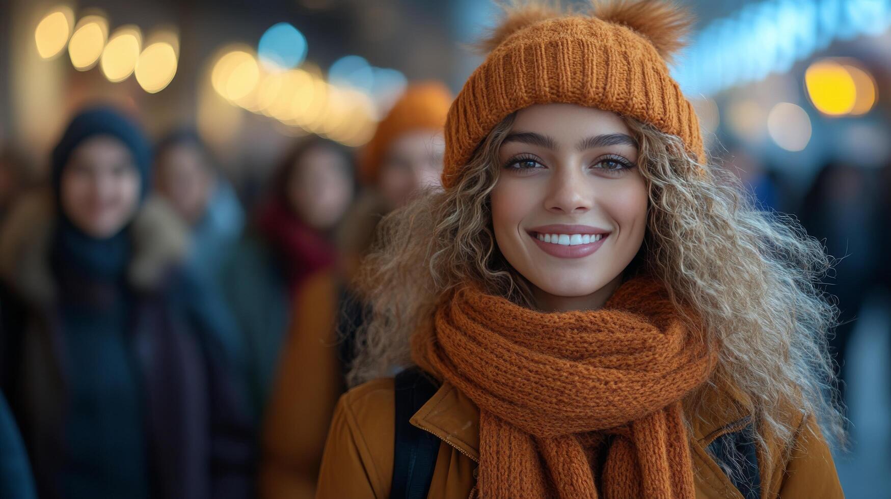 Smiling young woman with curly hair in orange hat and scarf walking among a crowd in a winter setting photo