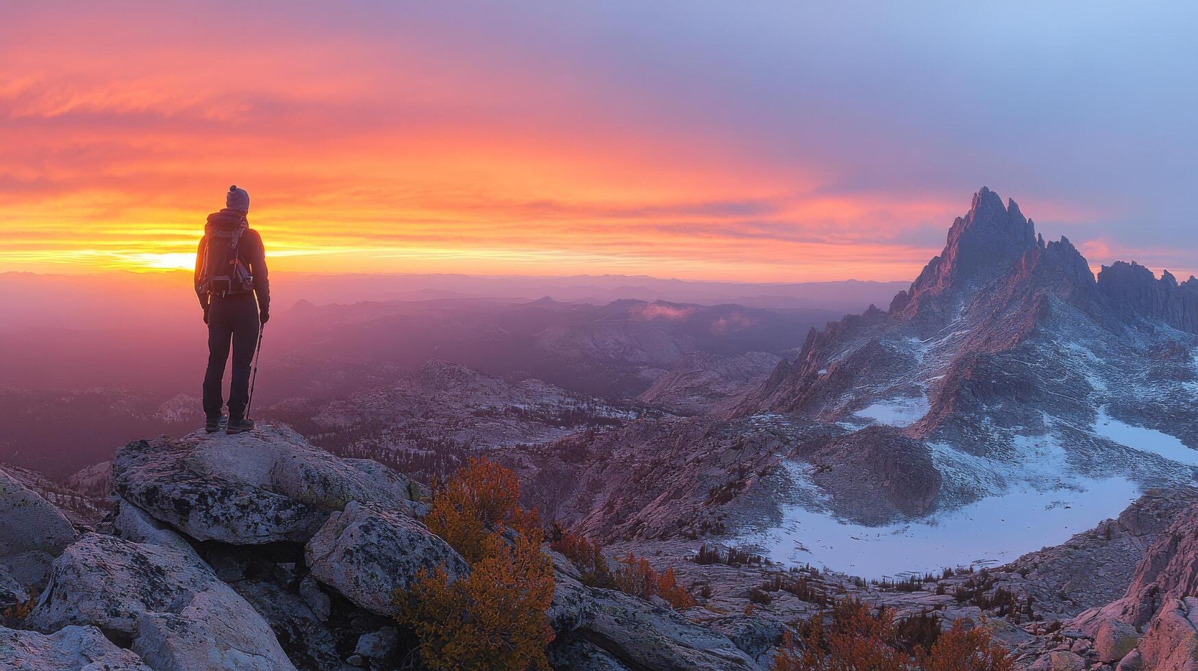 Stunning sunset view from mountain peak with silhouette of a person standing photo