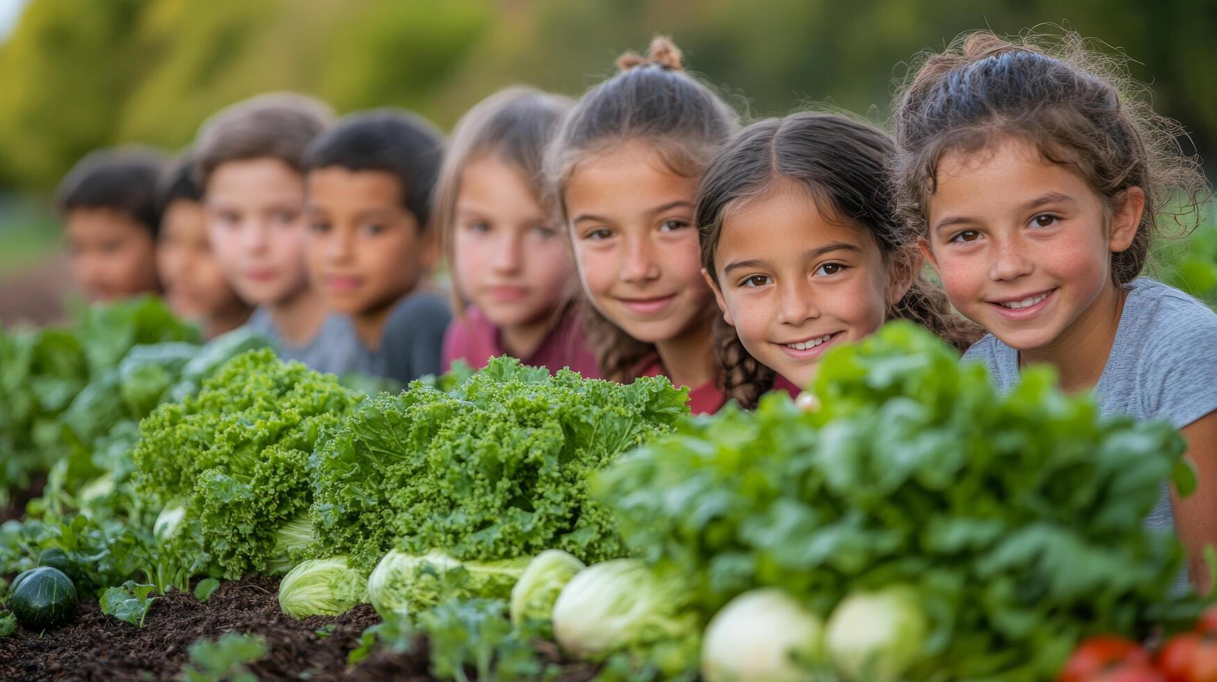 Young girl holds fresh vegetables in a lush garden surrounded by siblings during daytime activity photo