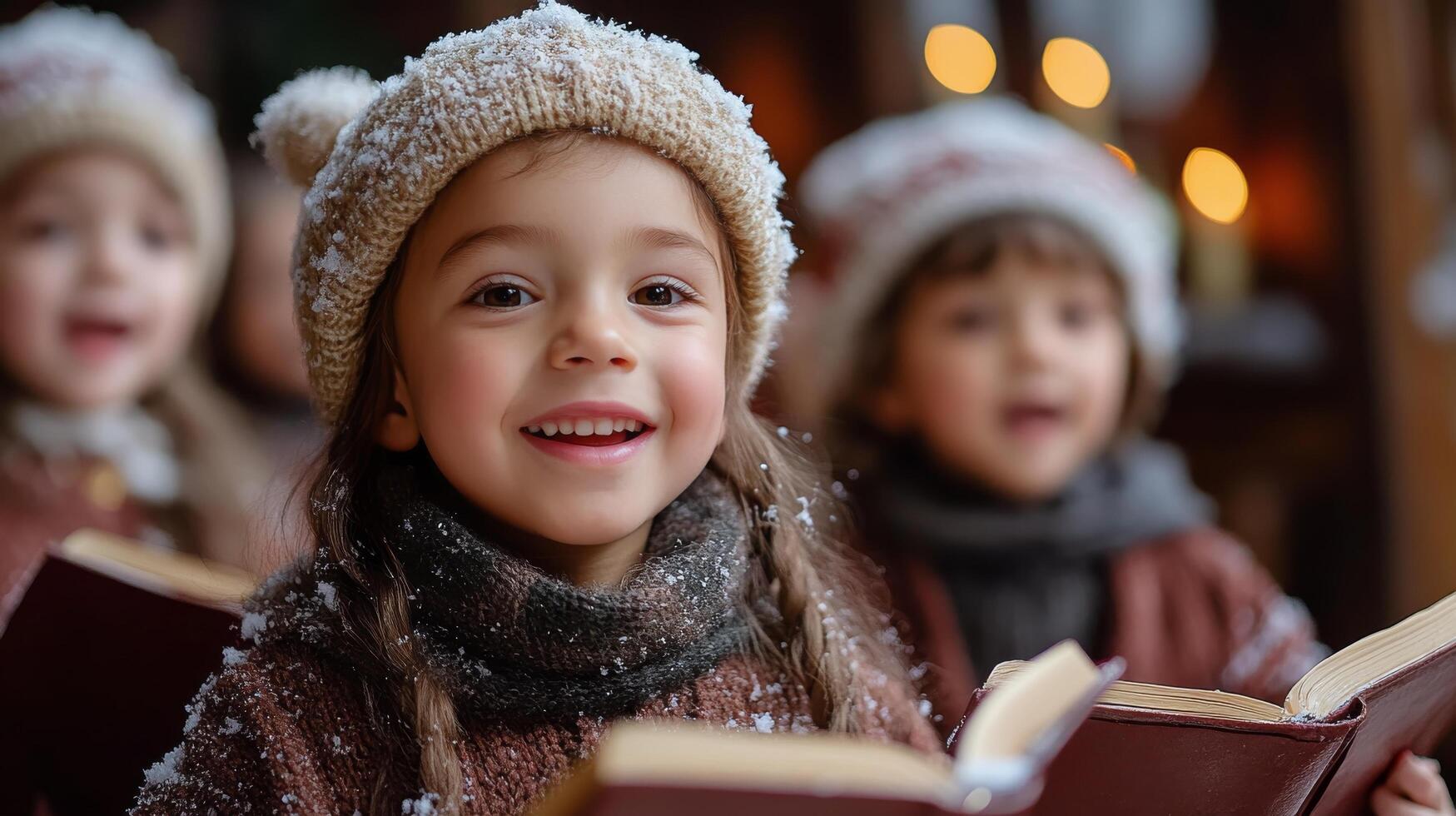 Happy children singing joyfully during a winter gathering in a cozy indoor setting photo