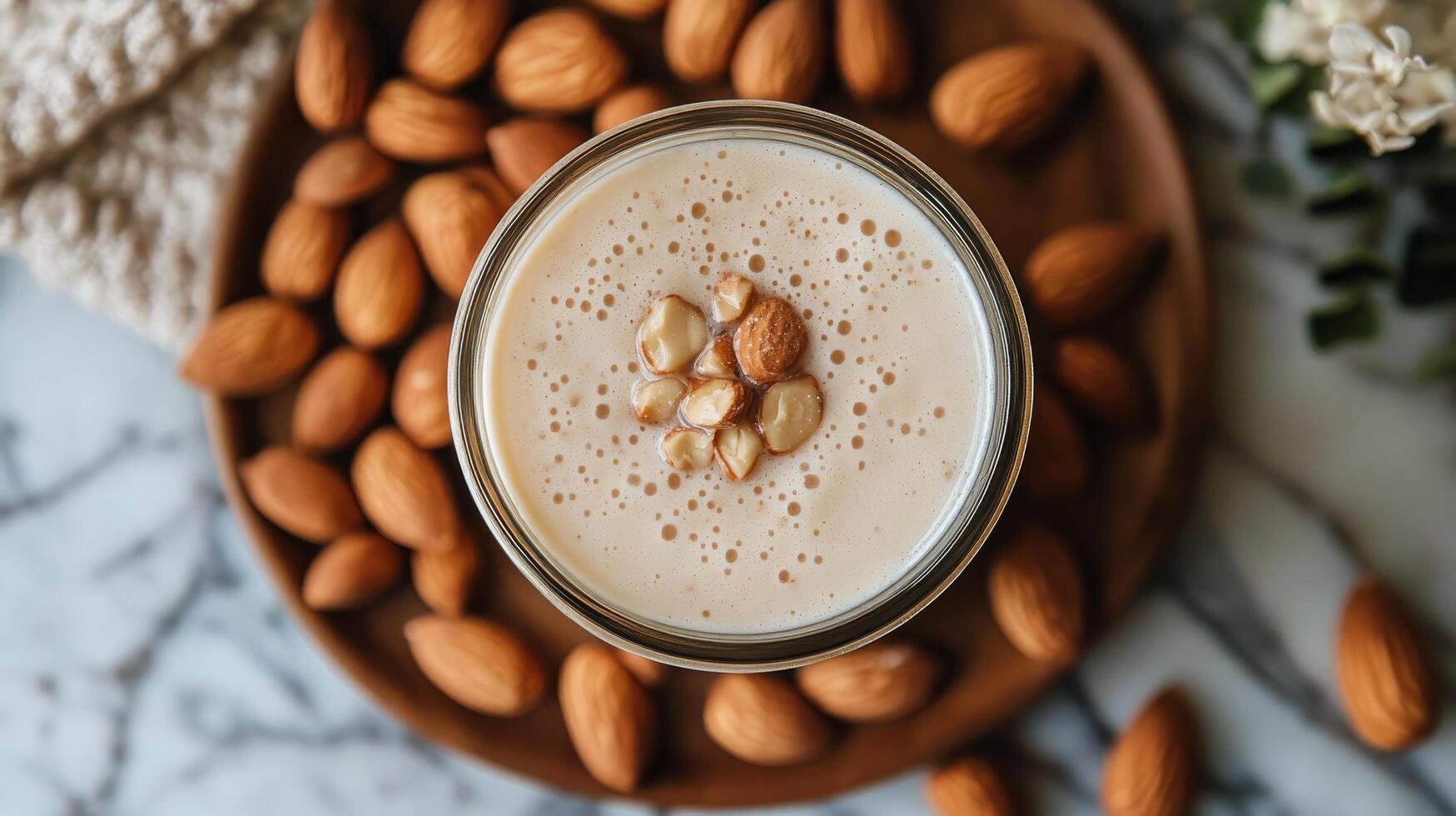 Creamy almond milk in a glass jar surrounded by whole almonds on a rustic table photo