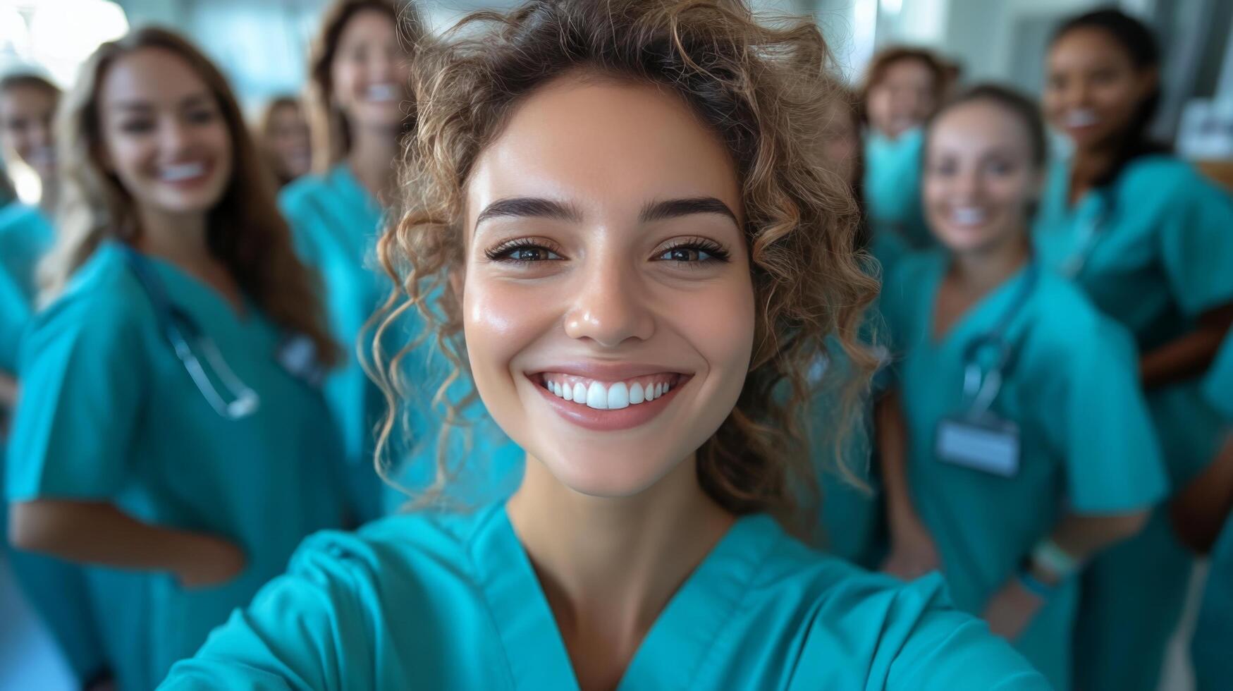 Group of smiling healthcare professionals in scrubs enjoying a moment together indoors photo