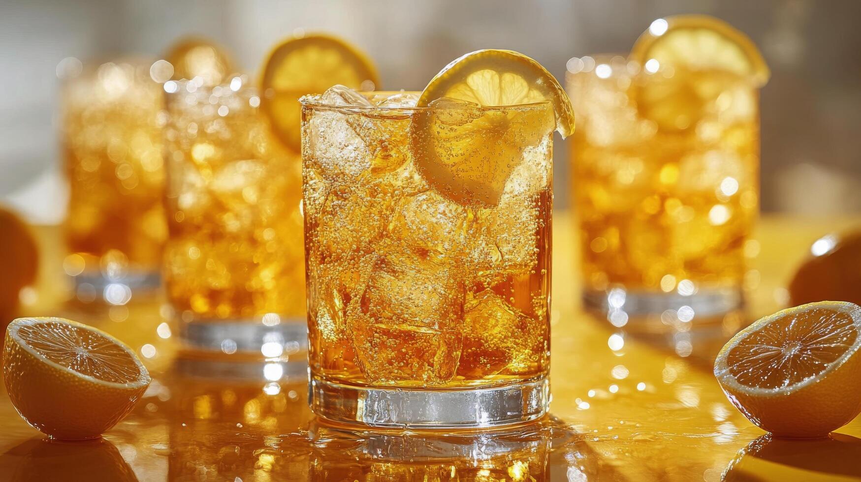 Refreshing iced tea with lemon slices served on a sunny day photo